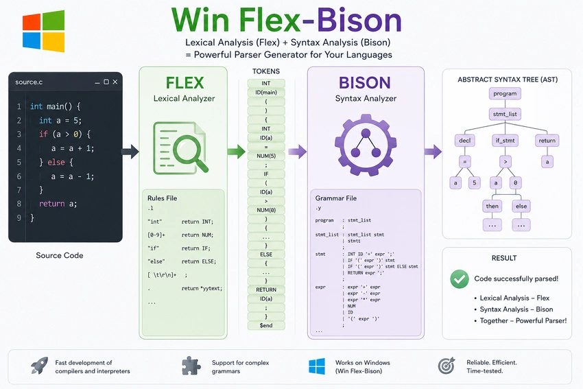 Win Flex-Bison is a Windows-native port of the well-known Unix development tools Flex and GNU Bison